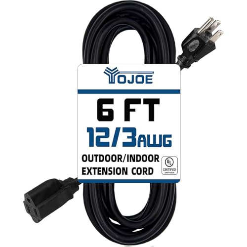 YOJOE Indoor Outdoor Extension Cord, 3 Prong 15A Weatherproof Power Cord, 12 Gauge Heavy Duty 6 ft Black Extension Cord for Garage, Garden and Home, 12/3 SJTW UL Listed - color: Black, size: 6 Foot, style: 12/3 Standard