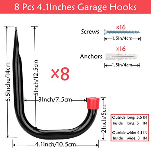 Heavy Duty Steel Garage Storage Utility Hooks, 8 Pack Wall Mount Hanging Storage Utility Naikozmo Hanger, Black and Red