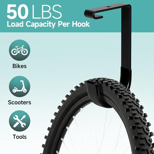 2 Pack Bike Hooks for Garage Ceiling Mount Rack- Anti-Slip Coating,Heavy Duty 4X8 Overhead Garage Storage Rack for Ceiling Hanging Bicycle Shelves, Add on Storage Flat Hooks Accessory and Wall Hanger