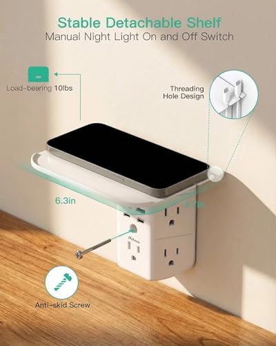 PD20W Wall Outlet Extender with Shelf & Night Light – 5 AC Outlets, 2 USB-A, 2 USB-C, 3-Sided Wide-Space Design, Surge Protector, Multi-Plug Outlet Splitter – Ideal for Home Office, College Dorm, RV - size: 2a2c&pd 20w