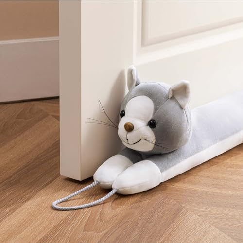 habibee 38'' Door Draft Stopper for Bottom of Door, Avoid Noise or Cold Air, Cute Grey Cat Draft Blocker for Window, Decorative Soundproof with Hanging Loops for Sweet Home, Heavy Duty 2.2 Pounds - color: Grey Cat, size: 38 inch