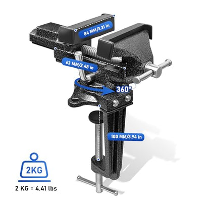 3.3 In Portable Bench Vise, 360° Swivel Base Clamp-On Table Vise – Multi-Purpose Tool for Golf Grip Kit, Woodworking, Crafting, Model Making, Metalworking & DIY - size: 3.3 in