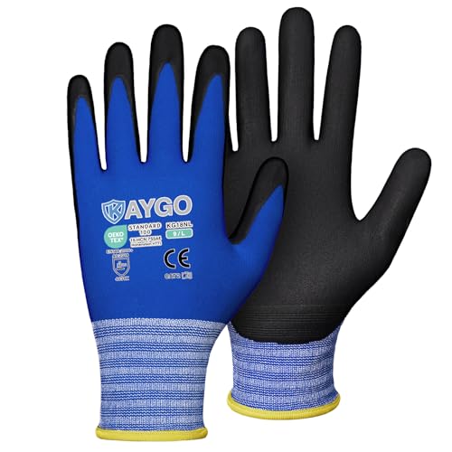 KAYGO Safety Work Gloves MicroFoam Nitrile Coated, 3 Pairs KG18NB,Seamless Knit Nylon Glove with full fingers Touchscreen, Ideal for Automotive,Warehouse,Construction (Large, Blue) - color: Blue, size: Large