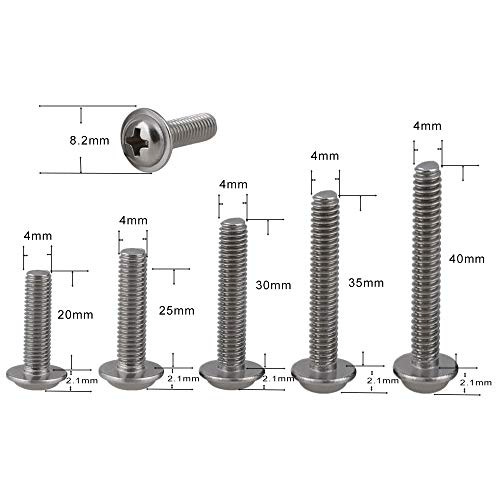 RZDEAL 100pcs 304 Stainless Steel Machine Screws for Cabinet Drawer Knob Pull Handles Silver Screws Set Furniture Hardware(M4x20mm,25mm,30mm,35mm,40mm)