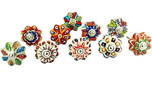 DORPMARKET Set of 10 Vintage Color Multi Designed Ceramic Cupboard Cabinet Door Knobs Drawer Pulls & Chrome Hardware