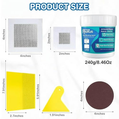 Drywall Repair Kit – 2×8.47 oz Putty Jars with 2×2″ & 4×4″ Wall Patch Mesh, Small & Large Scrapers & 2 Sandpapers | Quick-Dry Spackle & Sheetrock Crack Filler for Wall, Ceiling & Plaster Repair - color: 2 Pack & 3 Wall Patches