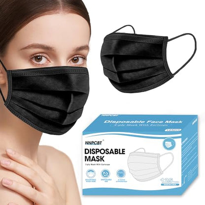 NNPCBT Black Disposable Face Masks 125 Pack,3-Ply Breathable Mask For Adults,Great For Outdoors,Home, Office, School - color: Adult-125 Pack-black
