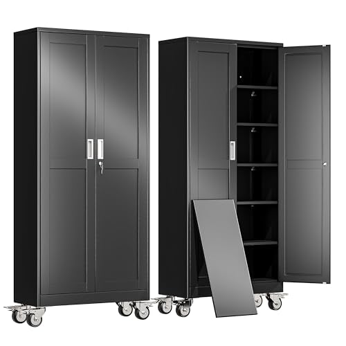 erosoei 75" H Metal Garage Storage Cabinet, Rolling Tool Cabinet with 2 Doors and Wheels, Locker Steel Cabinet with 5 Adjustable Shelves, Organization Cabinet for Garage,Office,Home,Gym,School（Black） - color: Black, size: 75"With wheels and locks