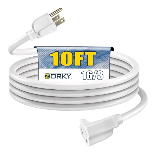 10ft Outdoor Extension Cord - 16/3 Heavy Duty SJTW Waterproof White Electrical Cable with 3 Prong Grounded Plug for Safety, Great for Lawn and Major Appliances - color: White, size: 10ft