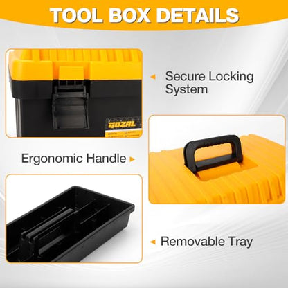Tool Box Set of 4, Large Plastic Tool Box Waterproof with Organizer Tray, Heavy Duty Stackable Toolbox Storage Case Portable Tool Box (Black & Yellow, 13/15/17/19 in)