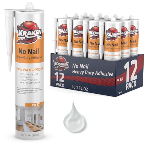 Kraken Bond No More Nails Heavy Duty Clear Adhesive - (12x10.1 Fl Oz) 100% Waterproof & Extra Strong Polyurethane Construction Sealant for Wood, Ceramic, Tile, Floor, Granite, Rubber - 12 Pack - size: 12 Pack, style: No More Nails Heavy Duty Adhesive