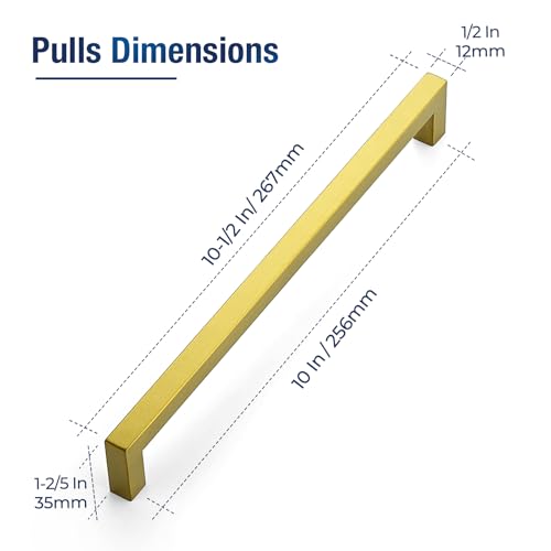 JOY DECOR 2 Pack Gold Cabinet Handles, 10 Inch Hole Center Cabinet Pulls – Square Stainless Steel Kitchen Knobs for Drawers, Dressers, Cupboards & Vanities - size: 10 Inch Hole Center