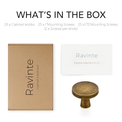 Ravinte 25 Pack Drawer Pulls 1-1/4 Inch Kitchen Cabinet Knobs Solid Round Dresser Drawer Knobs Antique Brass Dresser Knobs Drawer Knobs Simple Cabinet Hardware for Cupboard Drawer Pulls - color: Antique Brass