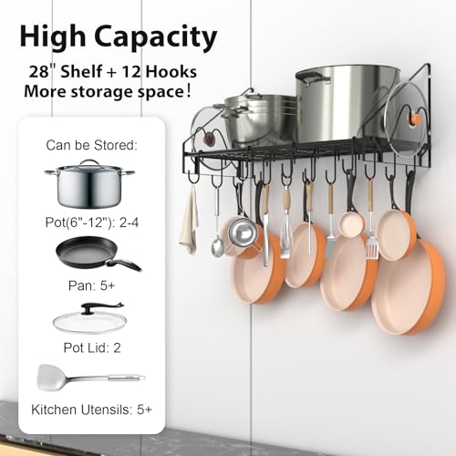VyGrow 28 Inch Pot Rack Wall Mounted, Pots and Pans Organizer with 12 Hooks and 2 Pot Lid Holders, Heavy Duty Steel Pot and Pan Hanger for Kitchen Cookware Utensils Storage 34.7" Lx13 Wx12.6 H - color: 28"W 1 Tier Black
