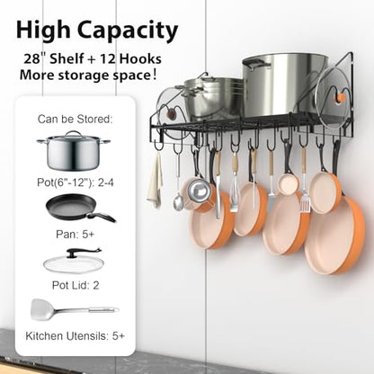 VyGrow 28 Inch Pot Rack Wall Mounted, Pots and Pans Organizer with 12 Hooks and 2 Pot Lid Holders, Heavy Duty Steel Pot and Pan Hanger for Kitchen Cookware Utensils Storage 34.7" Lx13 Wx12.6 H - color: 28"W 1 Tier Black