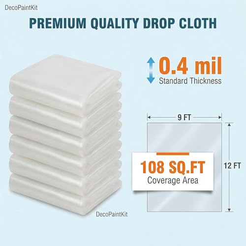 6 Pack 12 x 9 Ft Plastic Drop Cloth for Painting，Clear Waterproof Plastic Sheeting,Painters Drop Cloths for Floor Protection, Furniture Cover, Painting, Home Renovation