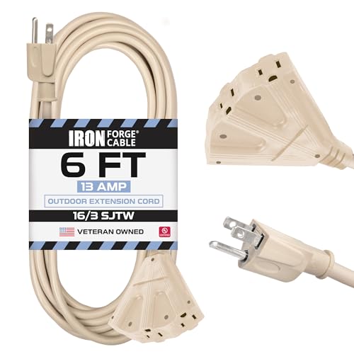Iron Forge Cable Weatherproof 6 Ft Outdoor Extension Cord - 3 Outlet 16/3 SJTW Heavy Duty Light Brown Extension Cord 3 Prong - 13 Amp Power Cable - color: Beige, size: 6FT