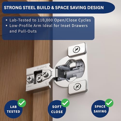 Burks Hinges 4 Pack 1/2'' Overlay Soft Close Hinges for Kitchen Cabinets - Stainless Steel, Anti-Rust, Self Closing Concealed Hinges, Installation Instruction and Screws Included - size: 1/2'' Overlay