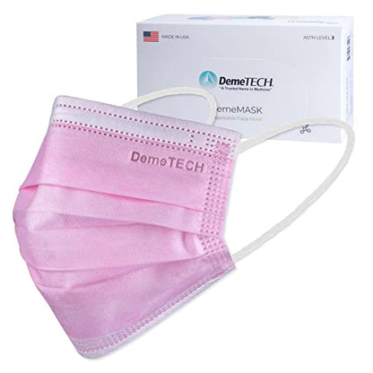 DEMETECH ASTM Level 3 Protective 3-Layer Face Mask, Ear-Loop Style, Adult Mask - color: Pink - 50 Pack