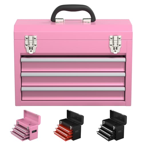 3 Drawers small Tool Box, Portable 3 Drawer Steel Tool Box with Locking System toolbox organization with Liner for Tools Storage (Pink) - color: Pink