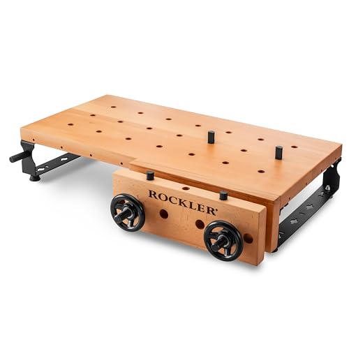 Rockler Handy Bench Portable Woodworking Workbench with Moxon Vise - 16x32 Solid Beech Benchtop, 4x4 Dog Hole Grid - Adjustable Steel Base Brackets, Compact Work Table for Garage or Shop