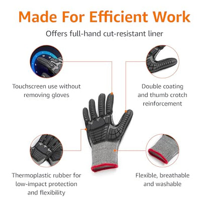 Amazon Basics Impact Protection Work Gloves, Cut Level A2, ANSI Level 4 Abrasion, Touchscreen Compatible, 15G Sandy Nitrile Palm, XX-Small, Black with Red Edge - size: XX-Small