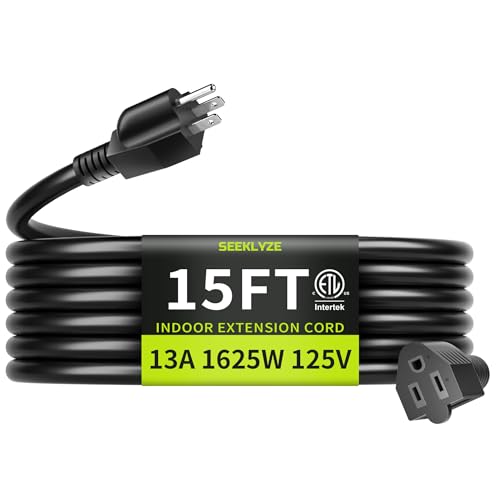 16/3 Black Extension Cord 15 FT Indoor, Short Extension Cord for Laptops, Coffee Makers, Office Home Appliances, 3 Prong Small Resistant Cable Flexible, 13A 125V 1625W ETL Listed - color: Black, size: 15FT, style: 16AWG Extension Cord
