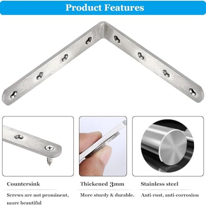 4 Pack Flat Mending Plate for Wood, Stainless Steel Straight Brackets Flat Repair Fixing Wood Brace Joining Plates Connector with Fixing Screws (8, L-Shaped Bracket 0.78*3.34*3.34in) - size: L-Shaped Bracket 0.78*3.34*3.34 in