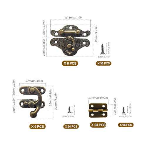 EAEDMY 36 Sets Retro Jewelry Box Hinges and Latches Hardware, Small Bronze Brass Latch for Wooden Jewelry Box and Decorative Cabinet, with Matching Screws Kit(Catch*12 + Hinges*24) (36)