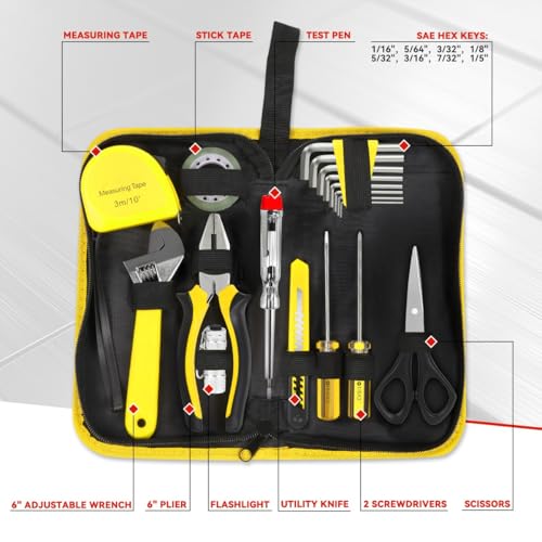 Auto Dynasty 18 Pcs Household Auto Repair Hand Tool Kit Set with Allen Keys Screwdrivers Tool Set Tap Measure Adjustable Wrench Utility Knife for Home Garage Warehouse Repair, Yellow - color: Yellow, size: 18 Pcs