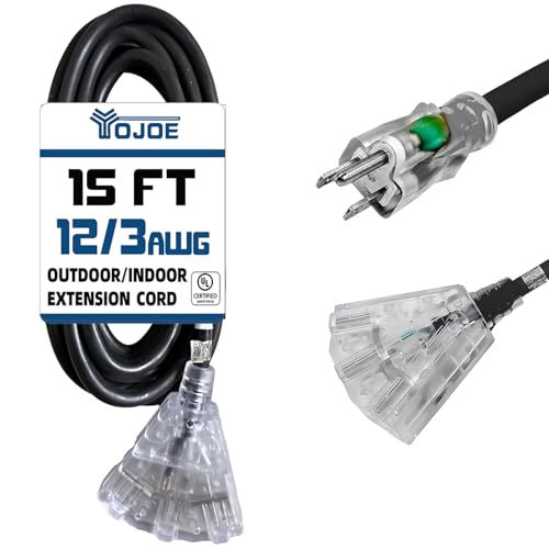 YOJOE 3-Outlets Indoor Outdoor Extension Cord with Lighted End, 3 Prong 15A Weatherproof Power Cord, 12 Gauge Heavy Duty 15 ft Black Extension Cord Multiple Outlets, 12/3 SJTW UL Listed - color: Black, size: 15 Foot