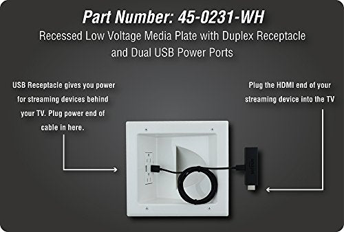 DATA COMM Electronics 45-0231-WH USB Recessed Media Outlet Box, In-Wall Cable Management, Duplex Receptacle,4.0 Amp Dual USB Ports, Large Cable Pass-Through, Design for Thin Mounts & TV, White - style: with Duplex Receptacle & 4.0 Amp Dual USB Ports