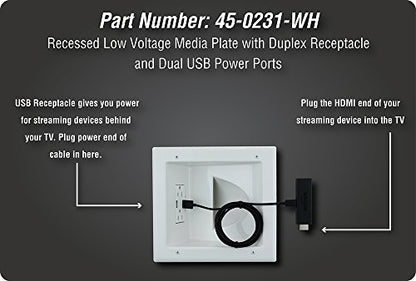DATA COMM Electronics 45-0231-WH USB Recessed Media Outlet Box, In-Wall Cable Management, Duplex Receptacle,4.0 Amp Dual USB Ports, Large Cable Pass-Through, Design for Thin Mounts & TV, White - style: with Duplex Receptacle & 4.0 Amp Dual USB Ports