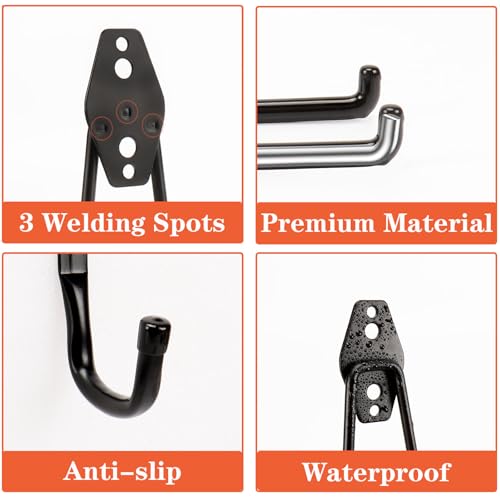 TocTen Garage Hooks, 14 Pack Garage Storage Hook Heavy Duty Solid Steel Wall Hooks, Wall Mount Storage Hook Kit with Anti-Slip Coating Ladder Hooks for Hanging Garden Tools Chair Hose Ropes (Black) - color: Black