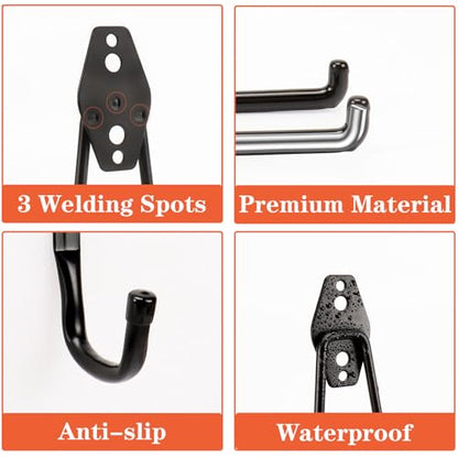 TocTen Garage Hooks, 14 Pack Garage Storage Hook Heavy Duty Solid Steel Wall Hooks, Wall Mount Storage Hook Kit with Anti-Slip Coating Ladder Hooks for Hanging Garden Tools Chair Hose Ropes (Black) - color: Black