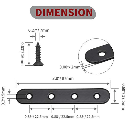 Jiozermi 12 Pcs Straight Brace, Flat Brace 3.8” x 0.69”, Stainless Steel Straight Bracket, Mending Joining Plates for Wood, Board, Bed Frame, Furniture & Shelves, Matte Black - size: Black, 3.8” X 0.69”, 12 Pcs