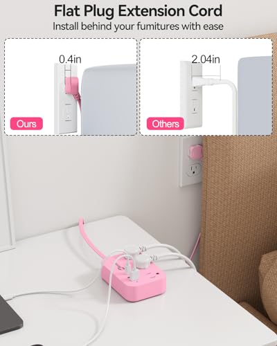 Pink Power Strip - 5Ft Extension Cord with 3 USB(1 USB C) Charging Station and 3 Outlets, Pink Desk Accessories for Cruise Travel Cute Kawaii College Dorm Desk Home Essentials - size: 5FT-Pink