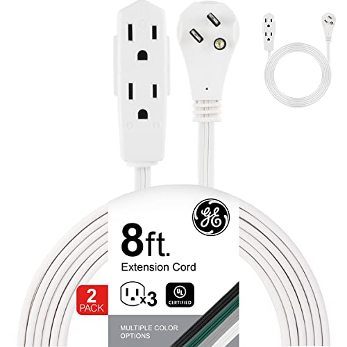 GE 3-Outlet Flat Extension Cord 8 Ft Grounded Extension Cord with Multiple Outlets 3 Prong Outlet Extender Flat Plug Power Strip Indoor 16 Gauge UL Listed 2 Pack White 57366 - color: White, size: 8 Ft 2 Pack