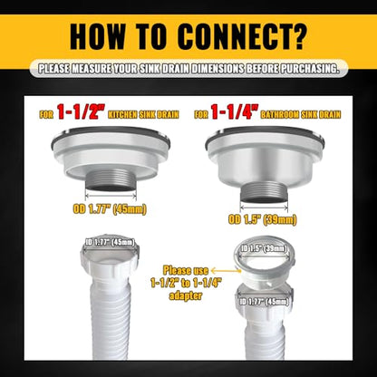 VIVIDA 1-1/2" Sink Drain Pipe Kit, Flexible Drain Pipe P Trap, 7.5"-17.7" Flexible P Trap, Under Sink Plumbing for Bathroom & Kitchen, 1-1/4" Adapter Included, 1 PACK - color: White, size: 7.5" to 17.7"