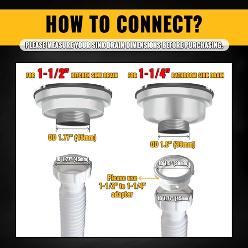 VIVIDA Flexible Sink Drain Pipe, 1-1/2" Expandable Flexible P Trap Drain Pipe, 11"-31.5" Sink P Trap for Bathroom & Kitchen, 1-1/4" Adapter Included, White, 1 PACK - color: White, size: 11" to 31.5"