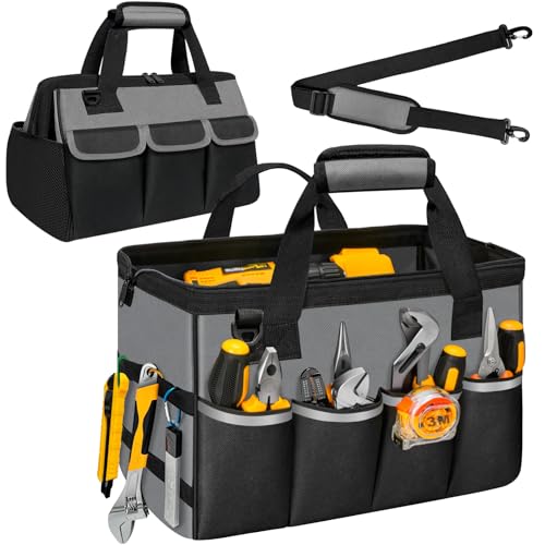 NECKORY Tool Bag, Portable Tool Box Organizer Adjustable Shoulder Strap, Carry Tool Tote Heavy Duty Tool Storage Bag With Wide Mouth,Tool Bags for Men Mechanic EngineerGift - L, Dark Grey & Black - color: Dark Grey & Black, size: L