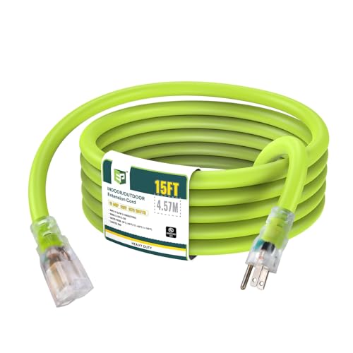 EP 15 Ft Lighted Outdoor Extension Cord - 10/3 SJTW Heavy Duty Green Extension Cable with 3 Prong Grounded Plug for Safety, UL Listed - color: Green, size: 15ft