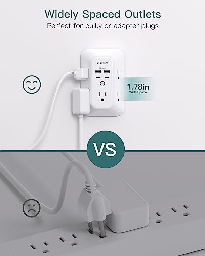Addtam 5-Outlet Extender Surge Protector, Multi Plug Wall Outlet with 4 USB Wall Charger(2 USB C Ports), Outlet Splitter Power Strip for Home Office Dorm Room Essentials, Plug Extension Outlet 1800J - size: 2C2A