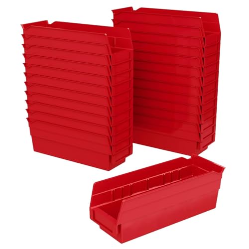 Akro-Mils 30120 Plastic Shelf Bins, Heavy Duty Storage Bins for Garage, Closet, and Drawer Organization, 12" x 4" x 4", Red, 24-Pack - color: Red
