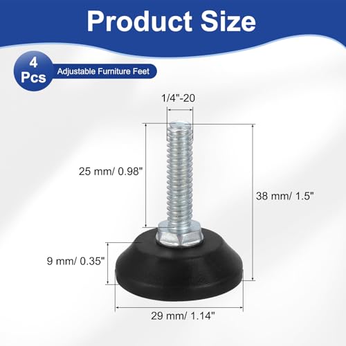 uxcell 1/4"-20 Thread Furniture Feet Levelers, 4Pcs 25mm l Adjustable Furniture Feet Screw in Threaded Leveling Leg Screw on Chair Foot Glides Leveling for Table Chair Cabinet Black - size: 1/4"-20 25mm