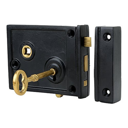 A29 Cast Iron Rim Lock Heavy Duty, Weather and Rust Resistant, Manual Latch for French & Screen Doors, Easy Install Hardware Included - Black Powder Coat Finish, 4.1" x 3.1" x 1.4" Backset - style: Horizontal Rim Lock