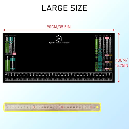 Workbench Mat, 35.5" X 16" DIY Silicone Rubber Large Work Bench Table Hobby Neoprene Tool Mat Pad Ruler Set with SAE/Metric Ruler Standard Metric Conversion Charts