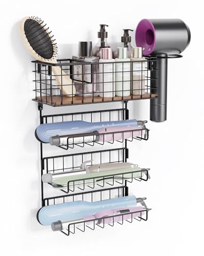 3-Tier Hair Tool Organizer Wall Mounted, Holds 2 Curling Irons Per Shelf, Heat-Resistant|Storage Basket for Hair Tools, Adhesive/Screw Mount for Hair Dryer Straightener in Bathroom/Cabinet, Black - color: Black-1 Basket 3 Tiers