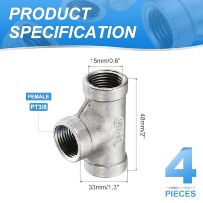 uxcell 4 Pcs 304 Stainless Steel Tee Pipe Fittings G3/8" Female Tee Adapter 3 Way t Shaped Cast Pipe Fitting Connector with Seal Tape for Plumbing Drainage Pipes Heating Systems - size: G3/8"