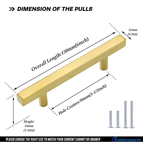 Goldenwarm 25 Pack Gold Cabinet Handles 3-1/2"(90mm) Brushed Brass Cabinet Pulls T Bar Drawer Pulls for Kitchen Cupboard & Drawer Hardware - color: Gold, size: 3-1/2 Inch Hole Center